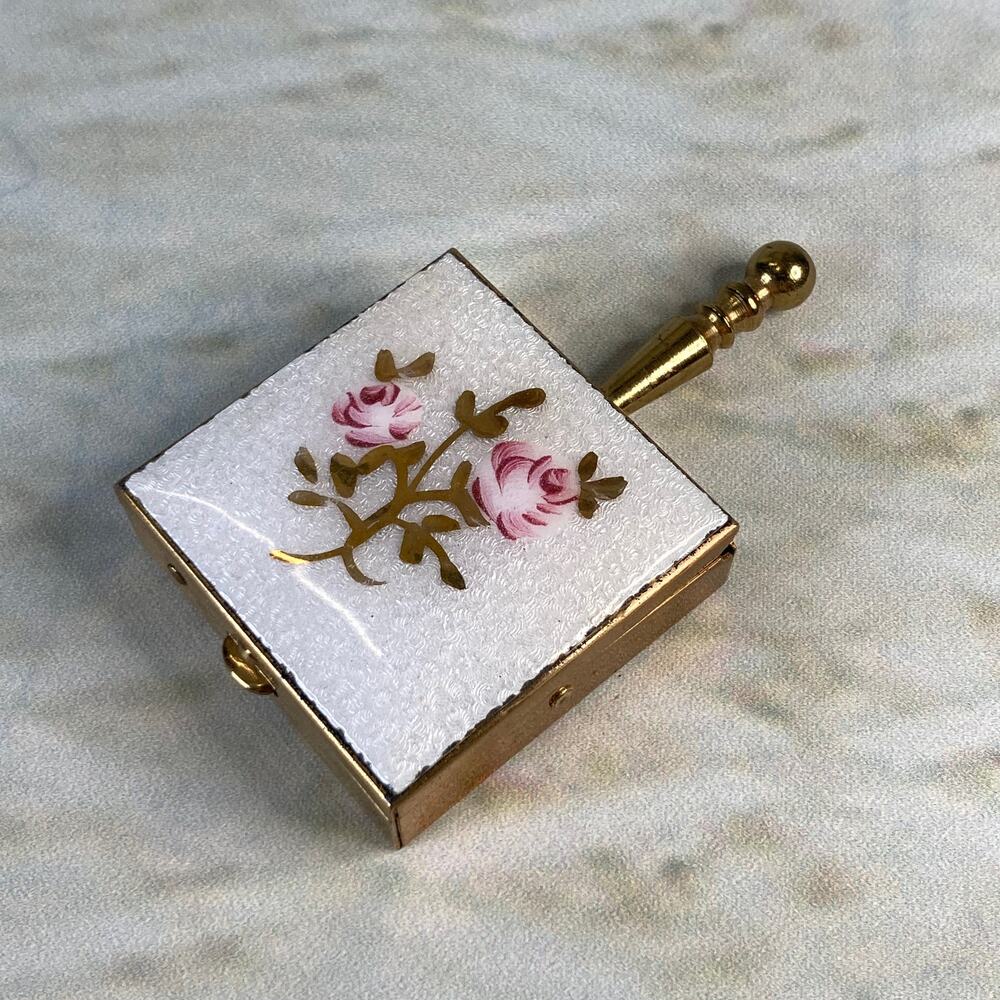 Guilloche Enamel Pocket Ashtray Gold Tone Brass Pink Rose Pill Box Vintage 50s